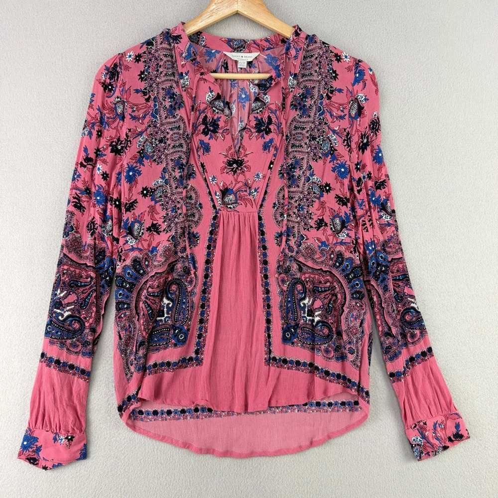 Lucky Brand Paisley Floral Blouse Women XS Pink Boho V-Neck Long Sleeve Colorful